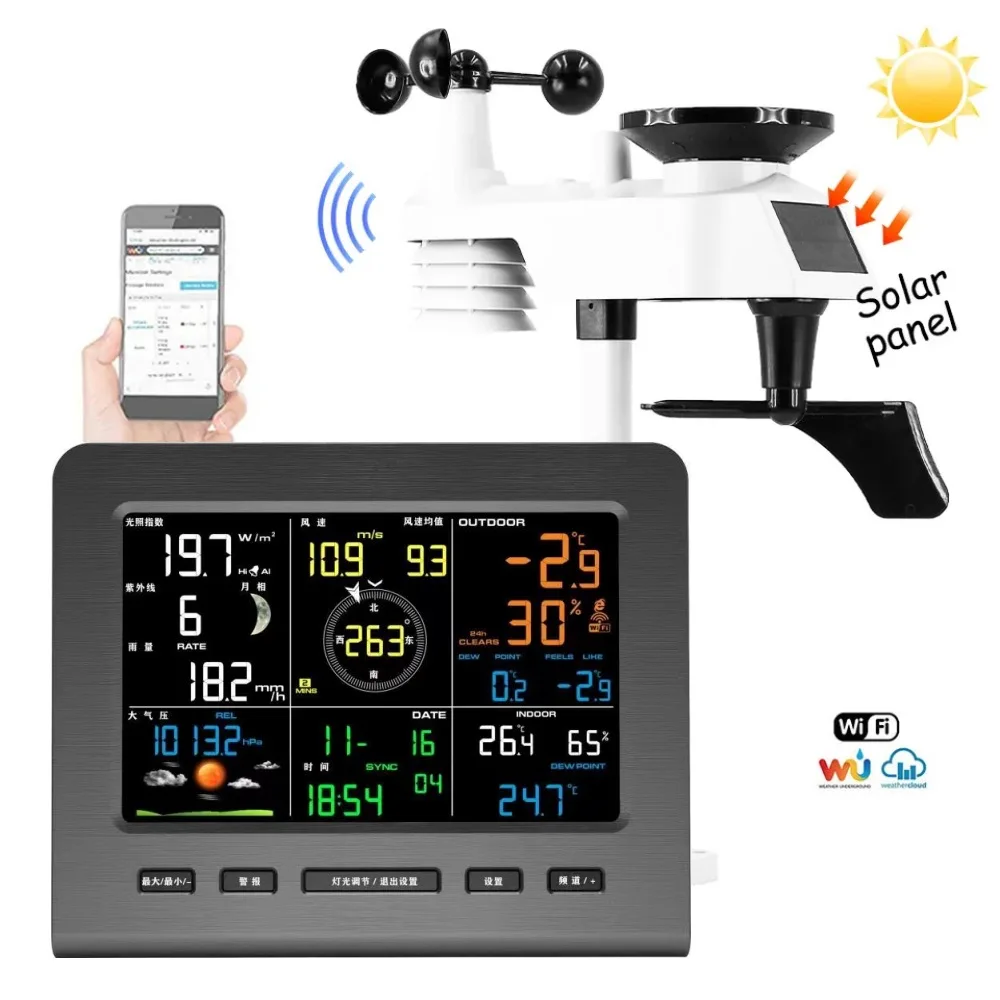5 in 1 WiFi Home Temperature and Humidity/Wind Speed/Rainfall Monitoring Weather Forecast Equipment Intelligent Monitoring