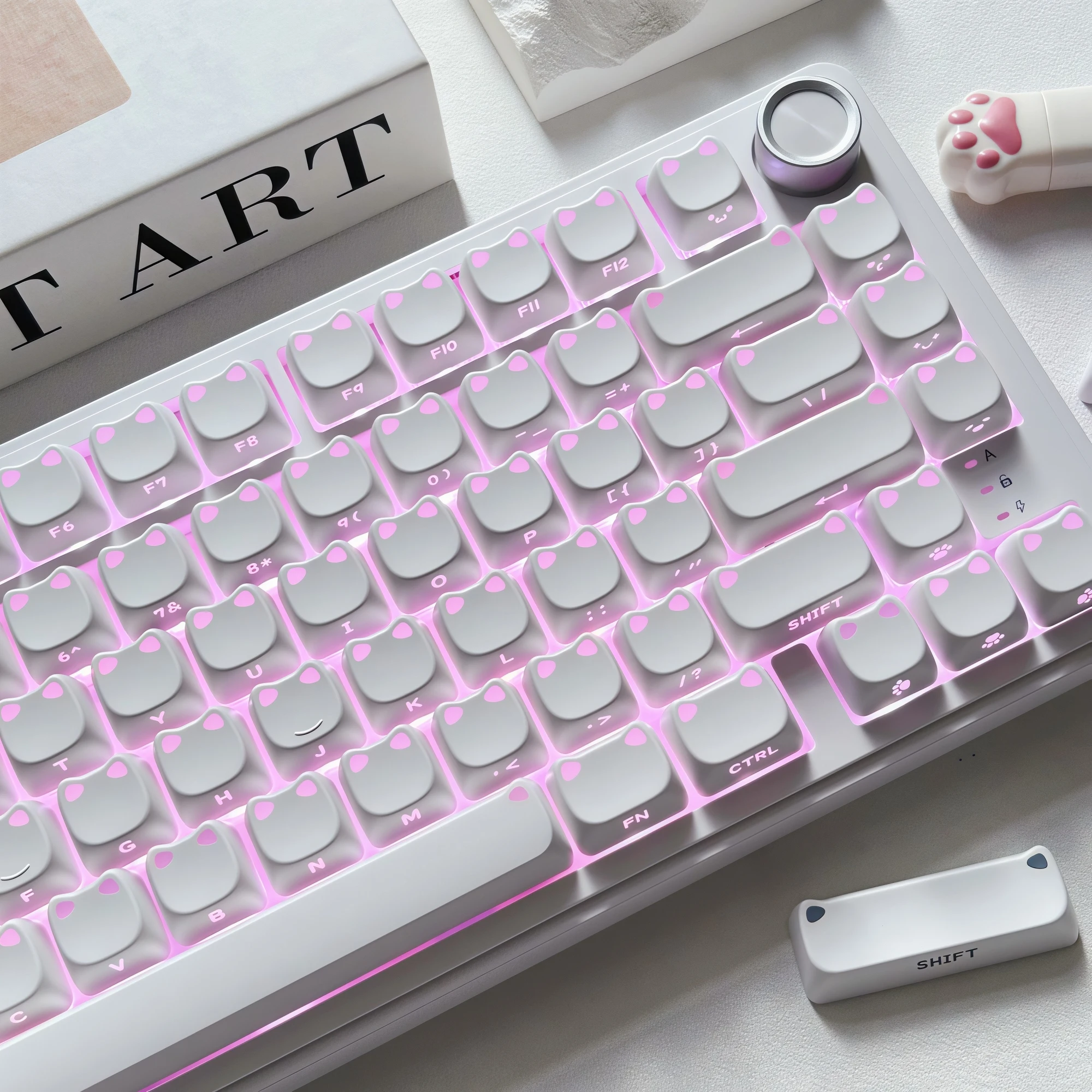 MAIMOOO White Cute Cat Keycap MAO Profile Kawaii Cat Ear Design Side-engraved Backlit PBT Custom Keycaps for Mechanical Keyboard