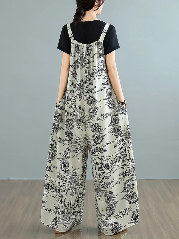 سروال نسائي فضفاض عتيق واسع الساق كاجوال صيفي مطبوع للتخسيس عالي القطع سروال كاجوال للنساء