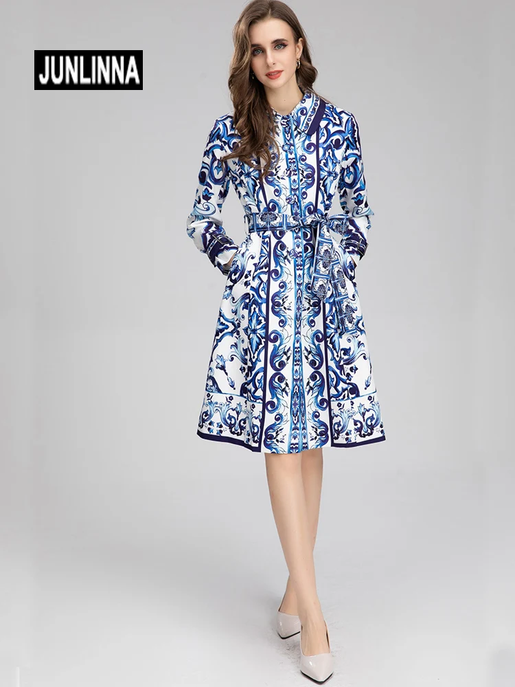 

JUNLINNA Blue White Porcelain Printed Outwear Women Autumn Winter Turn-downCollar Knee Length Trench Coat Sashes Slim