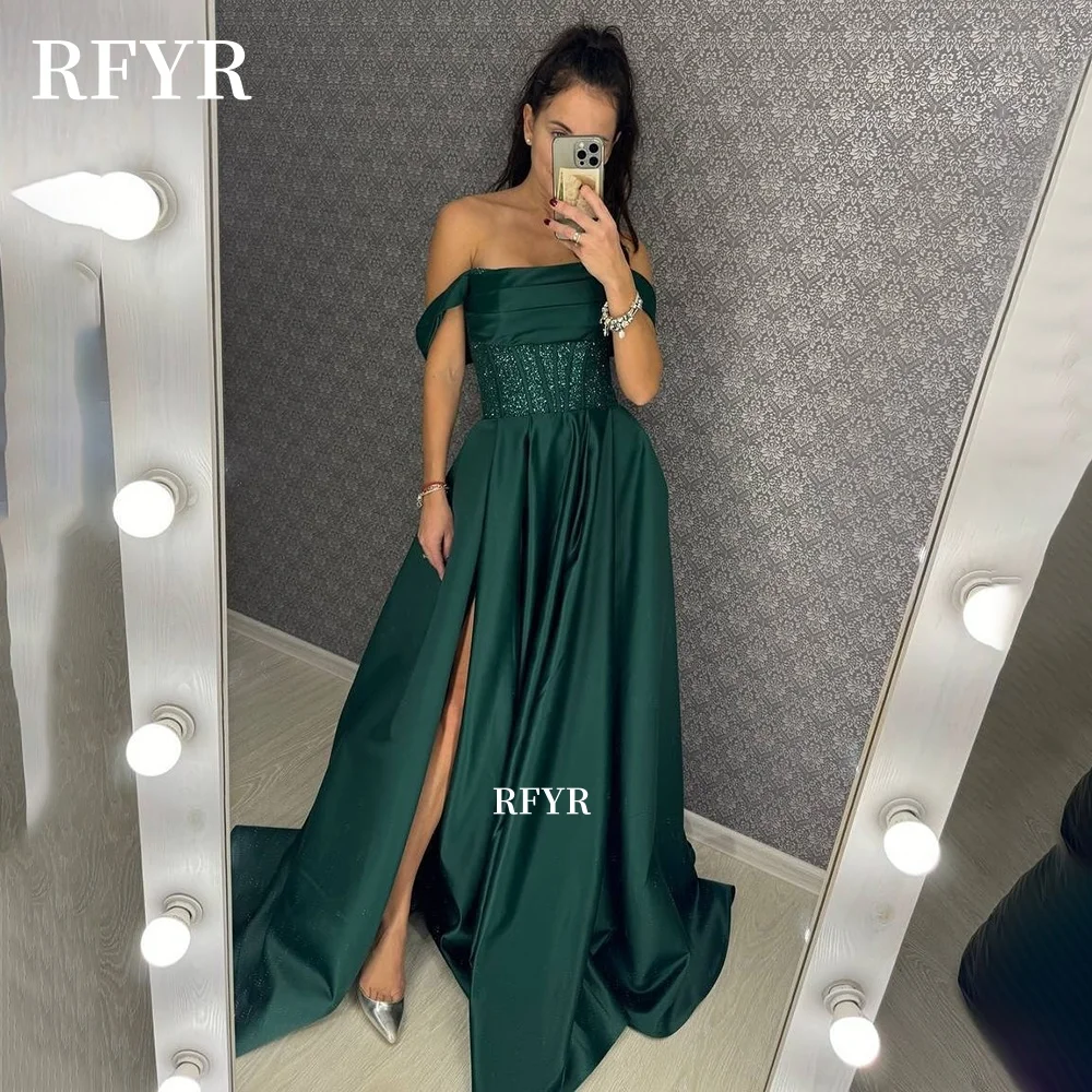 

RFYR A Line Prom Dress Shiny Bust Off Shoulder Evening Party Dress Celebrity Gala for Arabic Women Customized