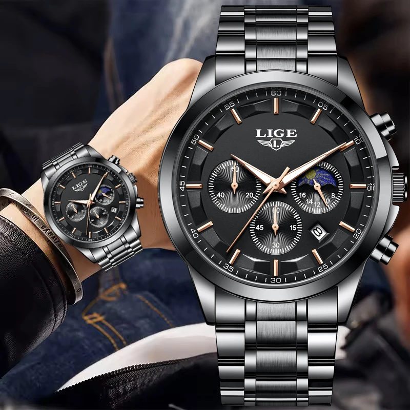 LIGE Mens Watches Top Brand Luxury 24 Hours Moon Phase Watch Men Outdoor Sports Waterproof Quartz Date Chronograph Reloj Hombre