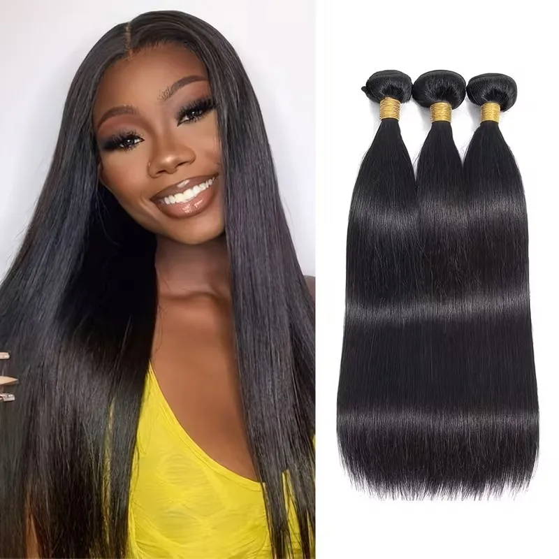 Extensiones de Cabello Virgen Brasileño Natural Negro Sin Procesar, Tejido Rápido, Liso, Grado 10A, Doble Trama, 3 Paquetes