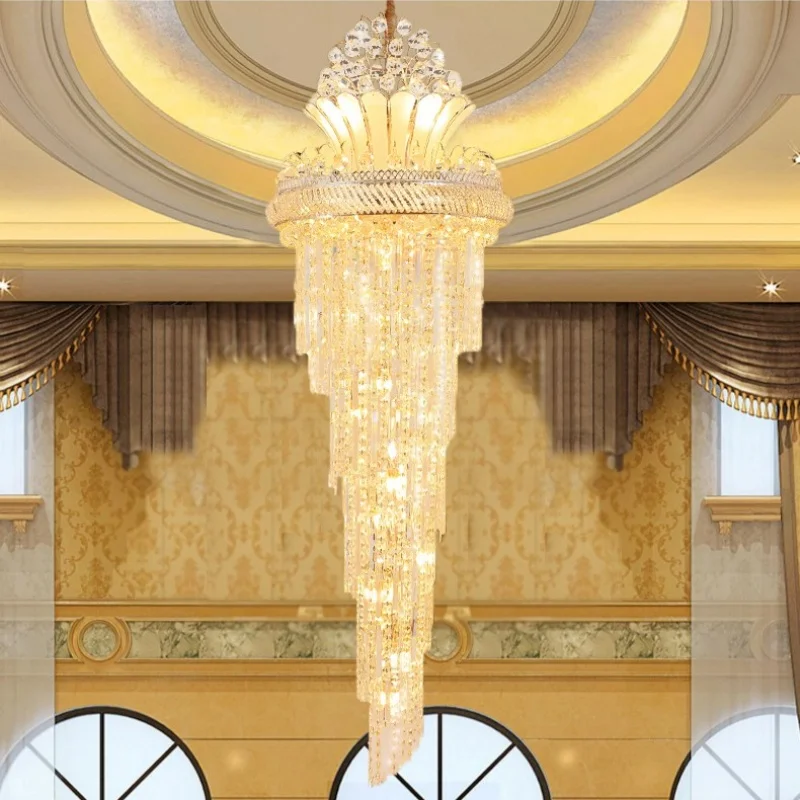

Stair Beaded Shiny Crystal Chandelier Gold Long Chandelier European Fashion Modern Pendant Lighing For Living Room Villa