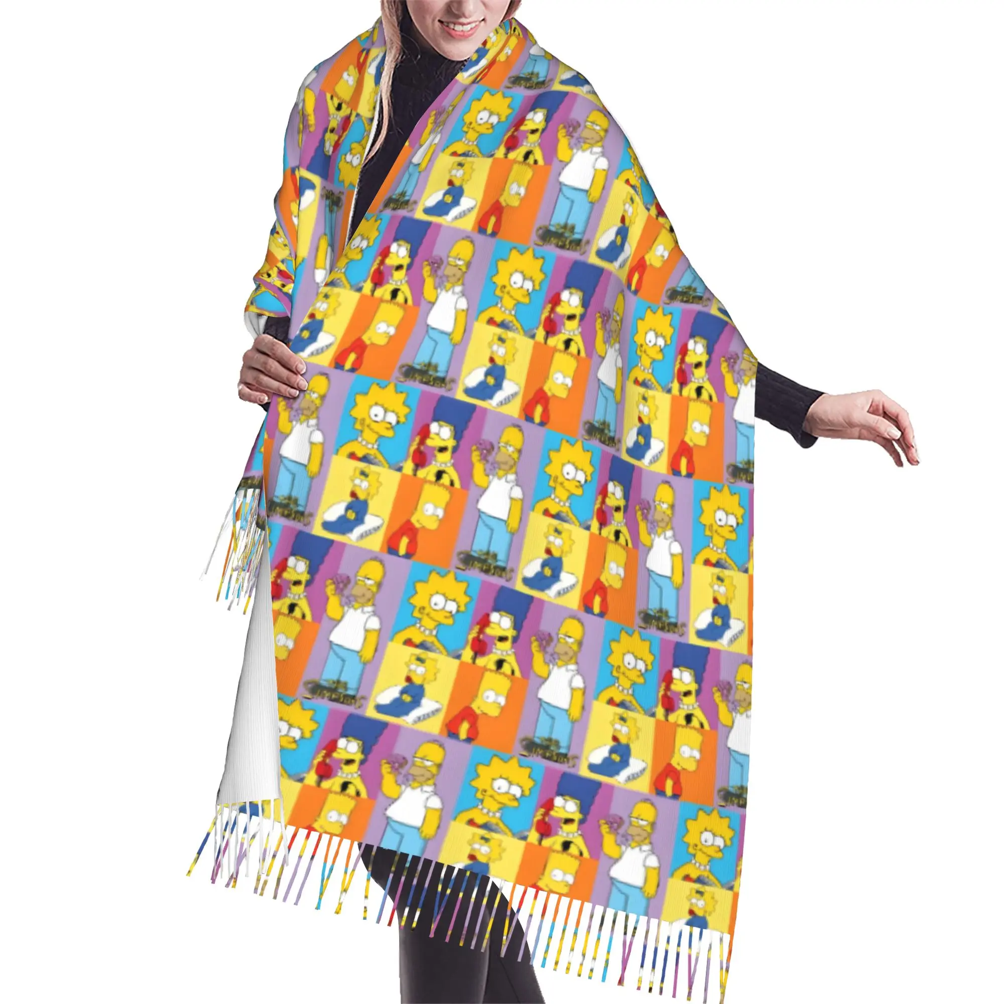 Custom Female Large S-Simpsonsed Anime Scarves Women Winter Thick Warm Tassel Shawl Wrap Homer Cartoon Scarf