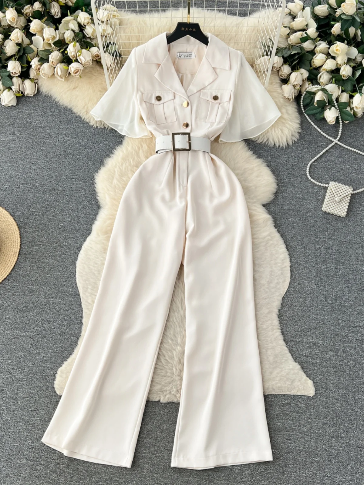

Ele Summer Long Pants Women's One-Piece Suit High Waist Me Splicing Suit Collar Gathered Waist Dra Ladylike