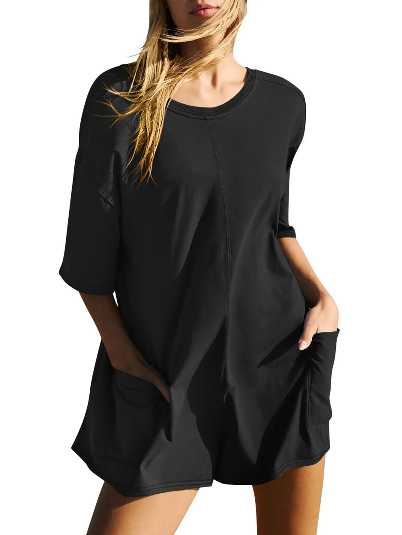 Women's Casual V-Neck Open Back Short Sleeve Loose Fit Pocket Jumpsuit | 2025 Summer New Arrival