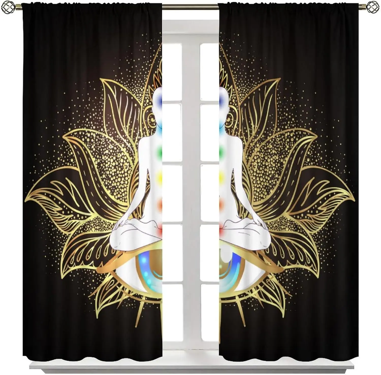 Boho Spiritual Yoga Curtain Black Window Drapes Meditation Lotus Chakra Enlightenment Gold Foil Design Panel for Living Room Bed
