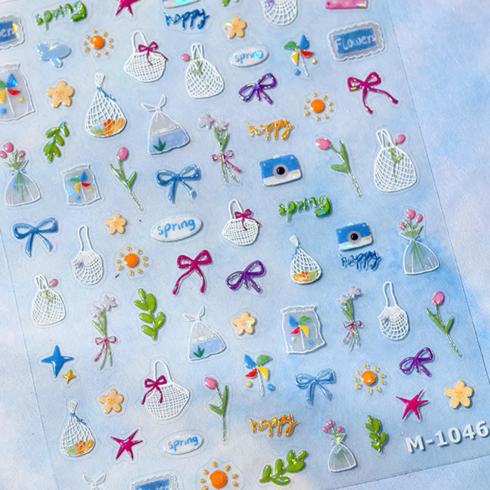 Cute Bear Apple Lace Bowknot Colorful Flower Petals Grid Polka Dot Jelly 5D Nail Art Sticker Self Adhesive Manicure Decal DIY