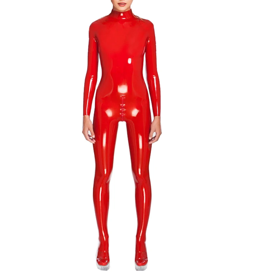 Red Latex Rubber Women Catsuit Bodysuit with Socks Attached Sexy Jumpsuit Plus Size XXXL Custom Made Handmade S-LC317