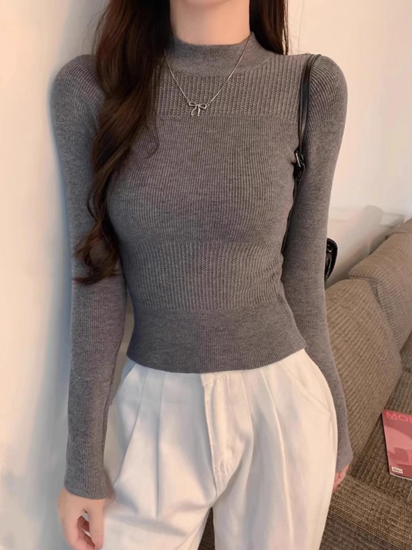

Women's Slim Fit Long Sve Knitted Hollow out Sweater High Ne Autumn Winter Faionable Base Layer Top Inner Wear Trendy