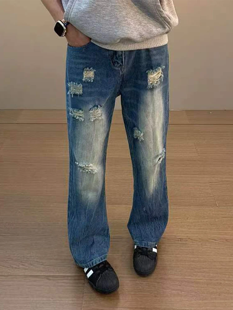 

Мужские джинсы с низкой посадкой и прямыми штанинами, весенне-осенние, модные, брендовые, в американском уличном стиле, с принтом молнии и эффектом прорезей