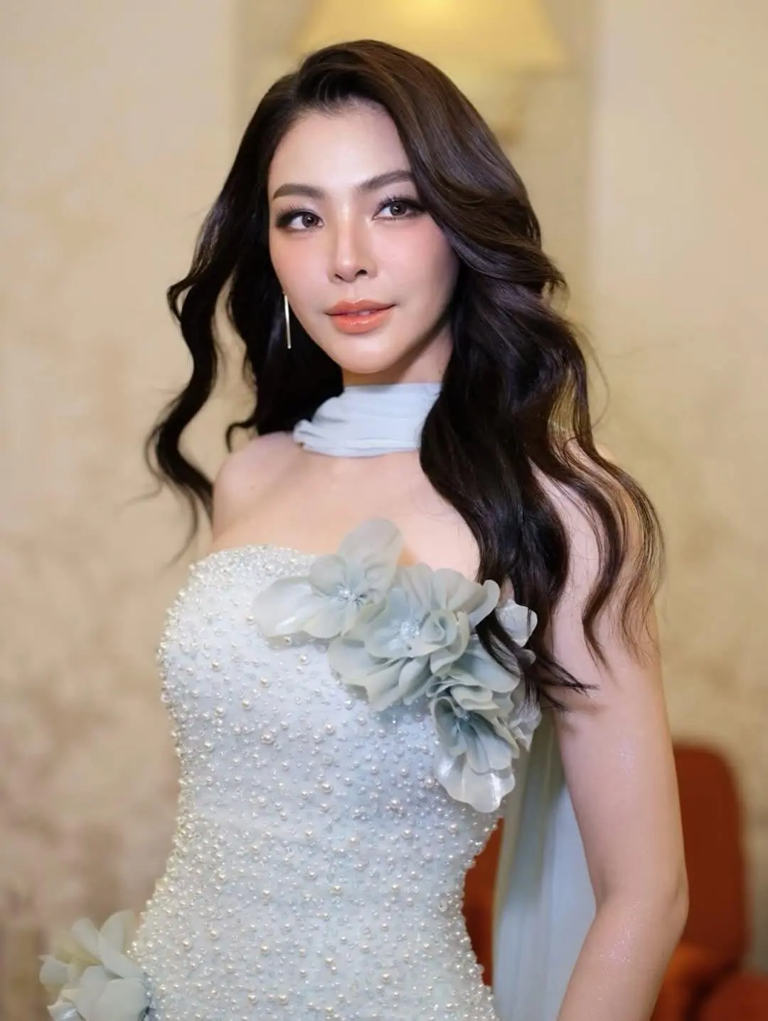 Ofherown luxo luz verde pérola vestido de noite com cachecol feminino sem alças flor 3d vestido de baile islavlaş ة