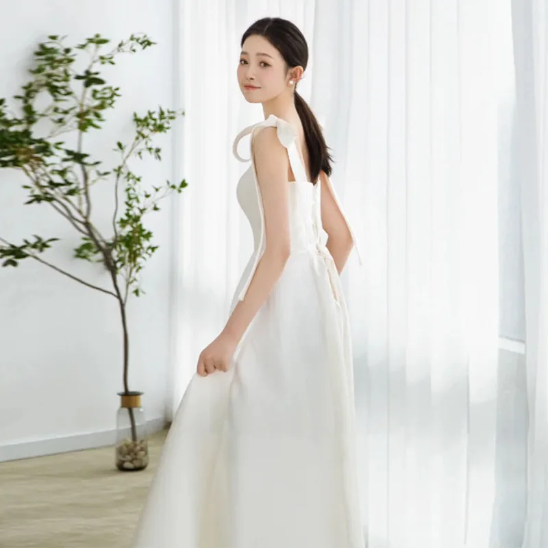 White Simple Wedding Dresses Satin Bow Square Collar A-Line Korea 웨딩드레스 Off The Shoulder Party Elegant Bride Dress Customized