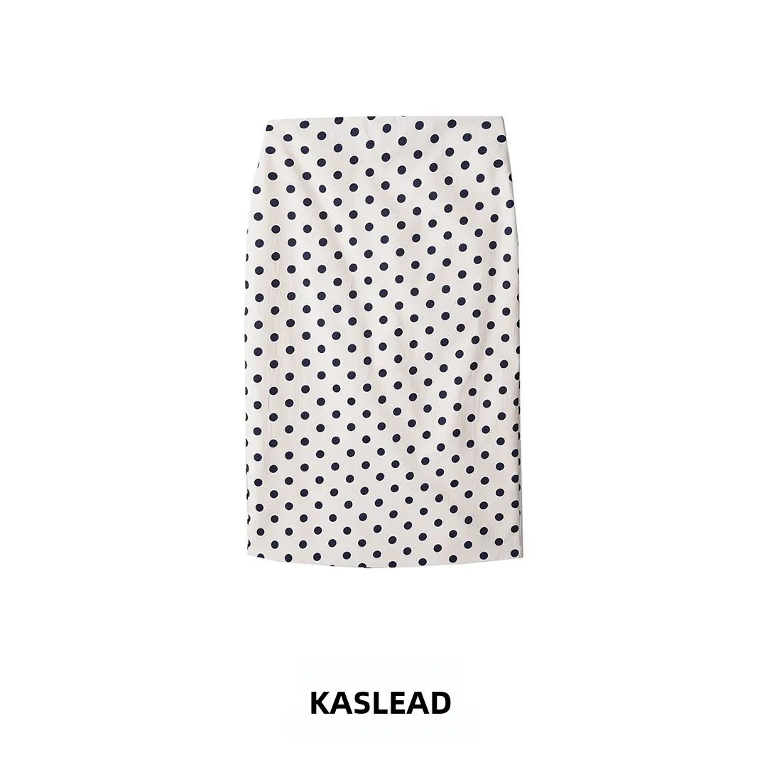 KASLEAD Fashionable Polka Dot Midi Skirt Women's Straight Cut Slim Fit Summer Season Polyester Fiber Printed Skirt