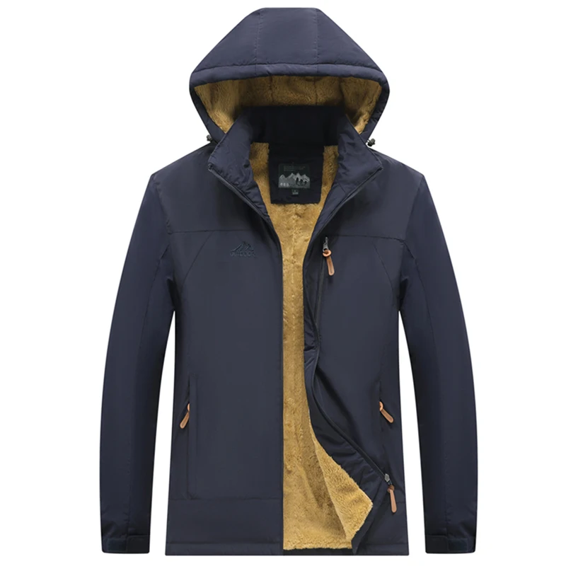 Men Fashion Fleece Thickening Tops Winter Solid Windproof Keep Warm Removable Hat Parka New Casual Motion Mountaineering Coats