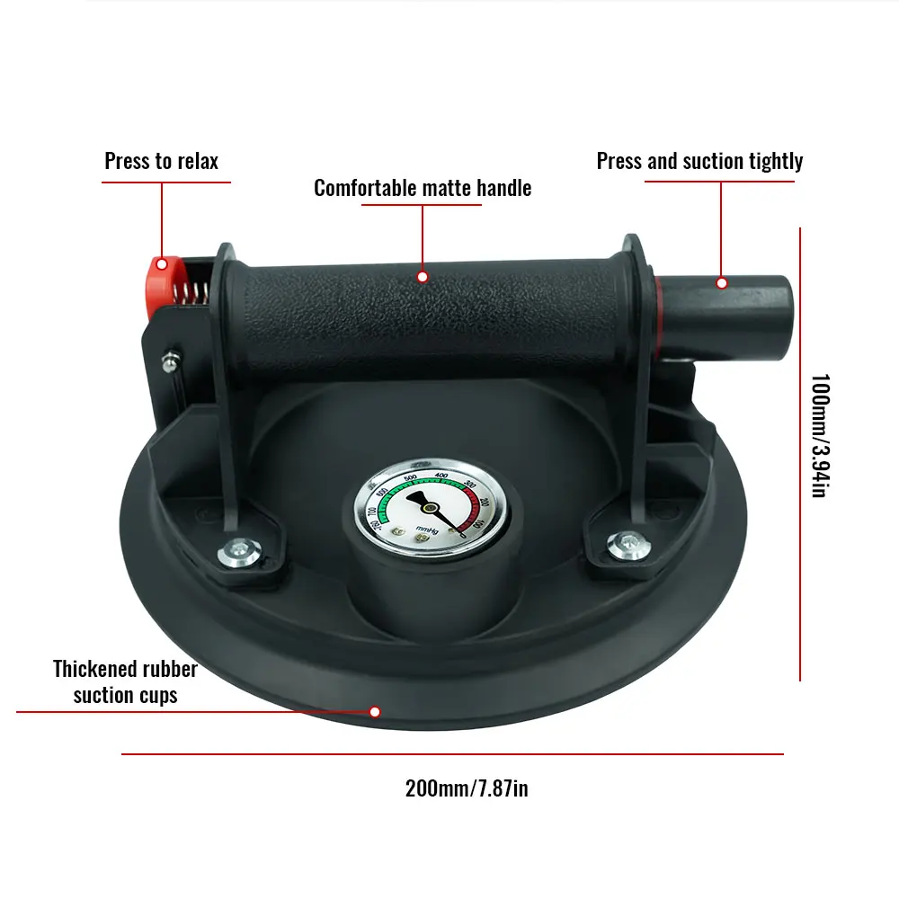 Ventosa a vácuo de 8 polegadas 250kg com medidor de pressão, espalhador a vácuo de sucção de telha cerâmica resistente, vidro de granito