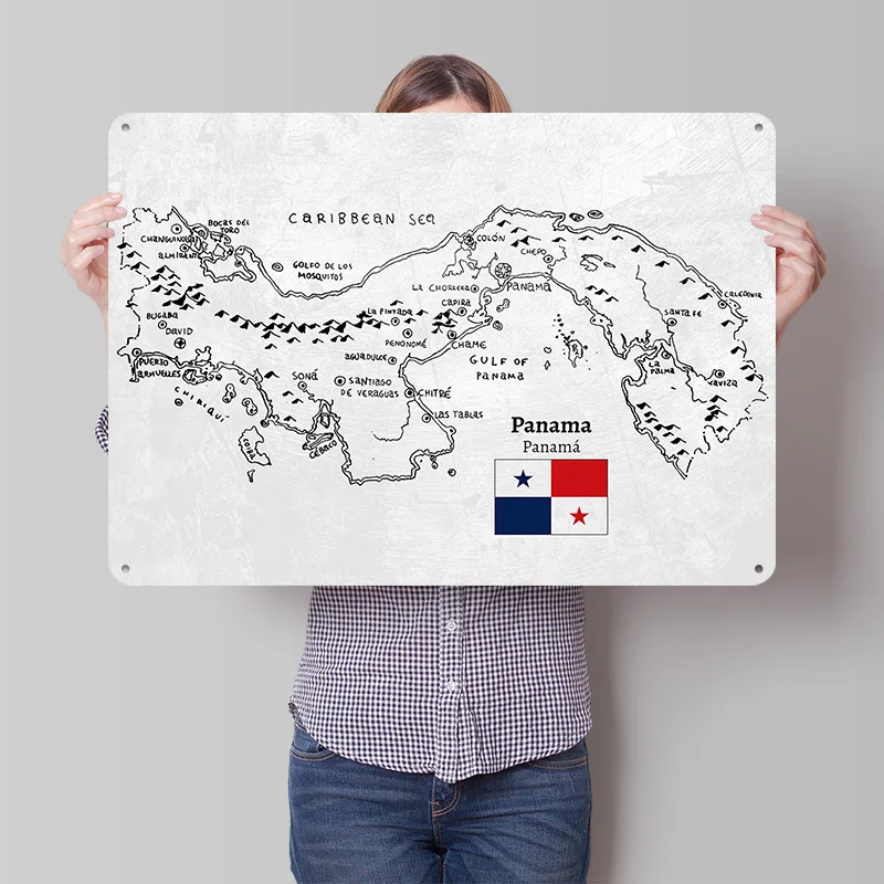 Handdrawn Panama Map Personalized 3D Textured Metal Poster Wall Art Tinplate Sign for Vintage Retro Decoration Room Decor Luxury