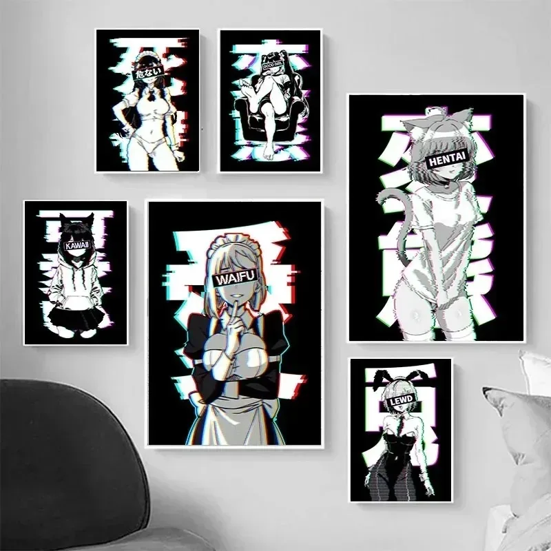 Black and White Anime Girl Sexy Figure Waifu Material Posters Canvas Painting Wall Art Picture for Bedroom Home Decor