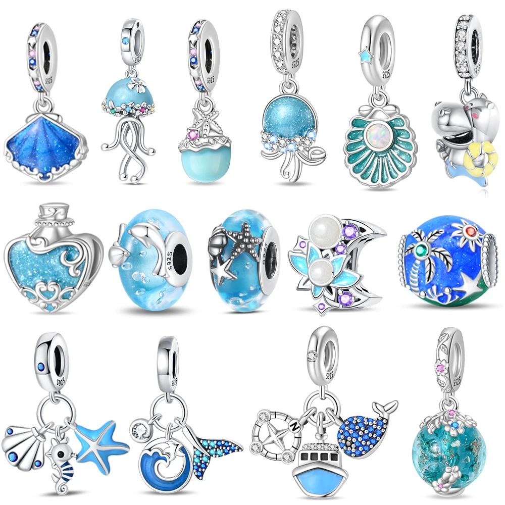 

New 925 Sterling Silver Summer Blue Ocean Turtle Starfish Dolphin Dangle Charms Fit Original Pandora Bracelet Necklace Jewelry