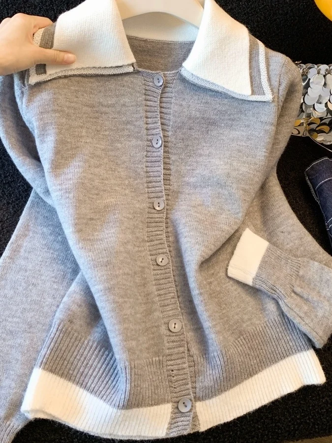 

Корейский вязаный кардиган-свитер большого размера с контрастным воротником, открытый, весенний, повседневный