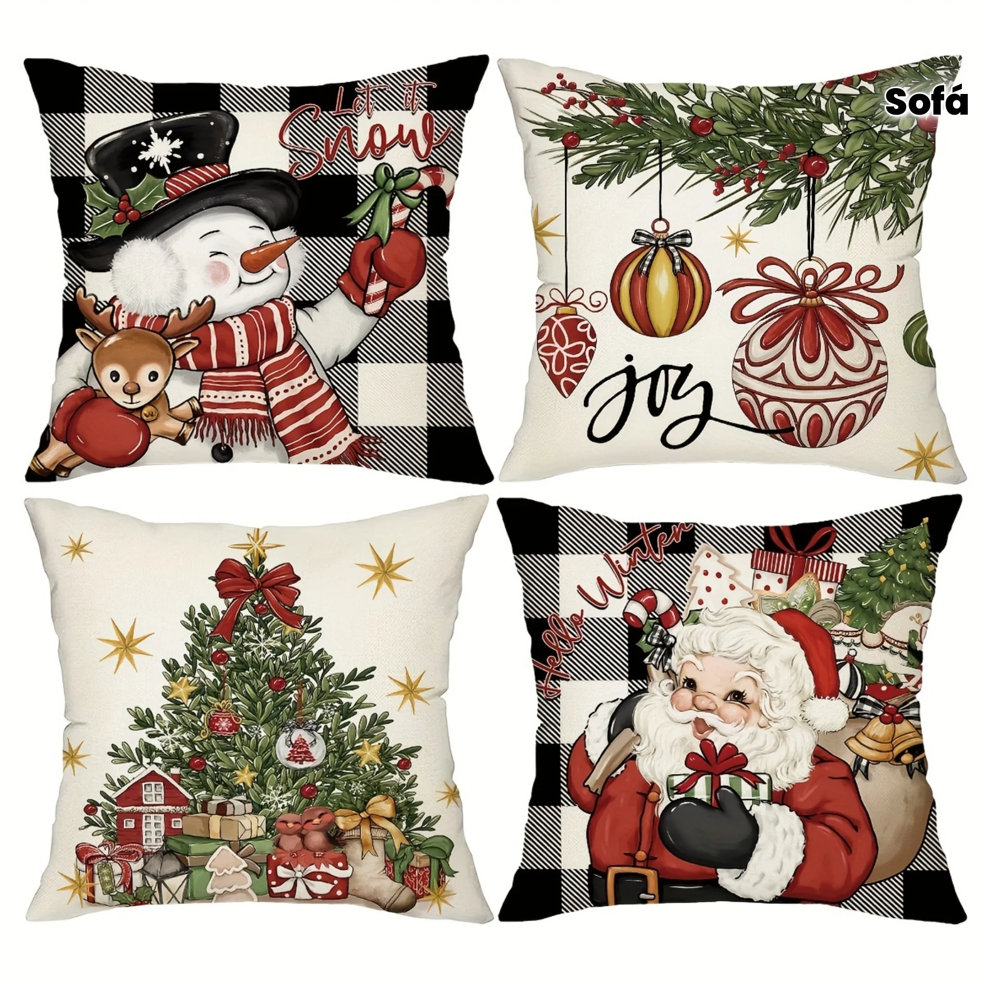 4Pcs Double‑Sided Buffalo Plaid Christmas Pillow Covers, Tree Santa Snowman Print Cushion Cases for Porch Patio Sofa Living Room