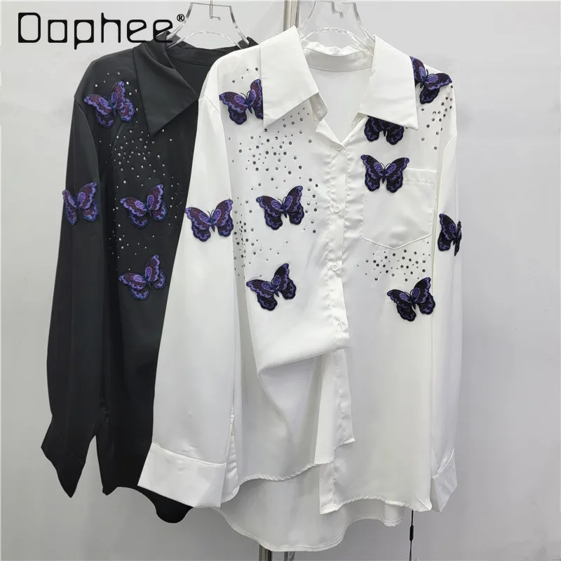 

Hot Drilled 3D Flower Black Long Sleeve Butterfly Shirt Autumn French Retro Embroidery Lace Patchwork Loose Long Sleeve Shirts