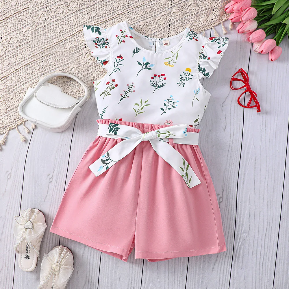 

2024 Summer Child Clothes Sets Sleeveless Ruffles O Neck Print Floral Pink Shorts 2 Piece Sets Designer Girls Clothes Sets 4-9T