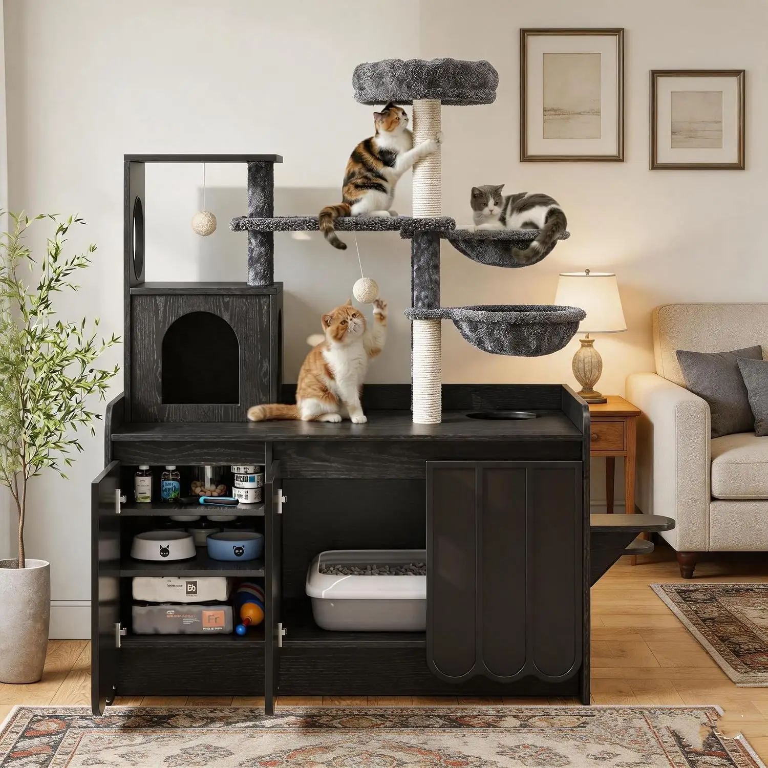 2-in-1 Wooden Cat Condo with Sisal Scratching Post and Litter Box Enclosure, Black