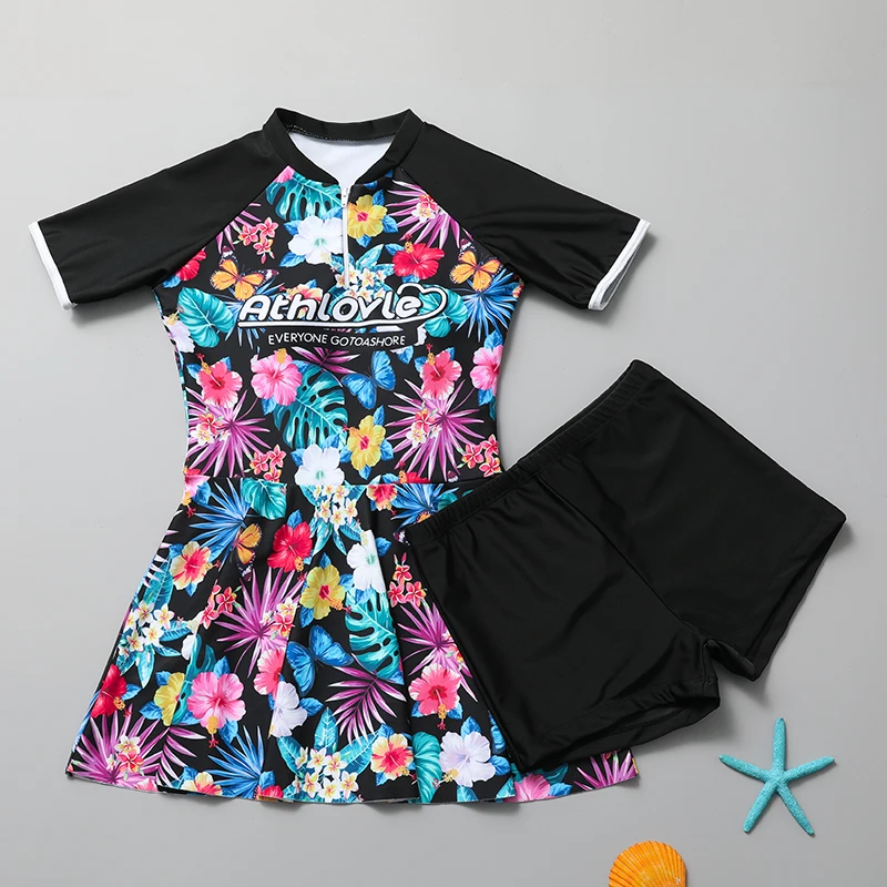 New sports swimsuit two-piece set, short sleeved girls\' sun protection, medium and large children\'s flat angle skirt swimsuit