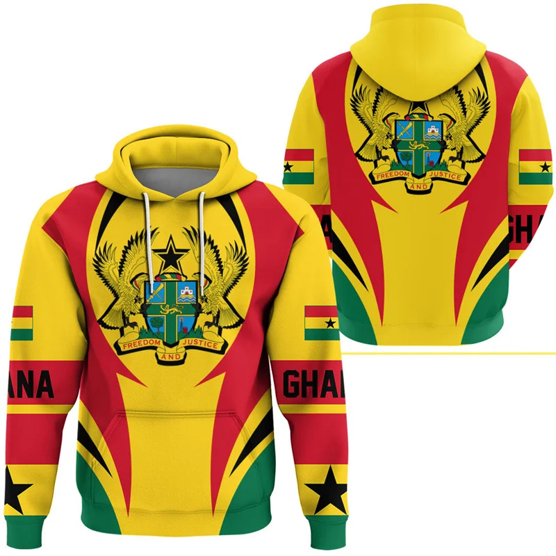 Sudaderas con capucha con patrón de bandera de Ghana para hombre, sudadera con estampado 3D de emblema nacional de manga larga, ropa de calle informal, jerséis de gran tamaño