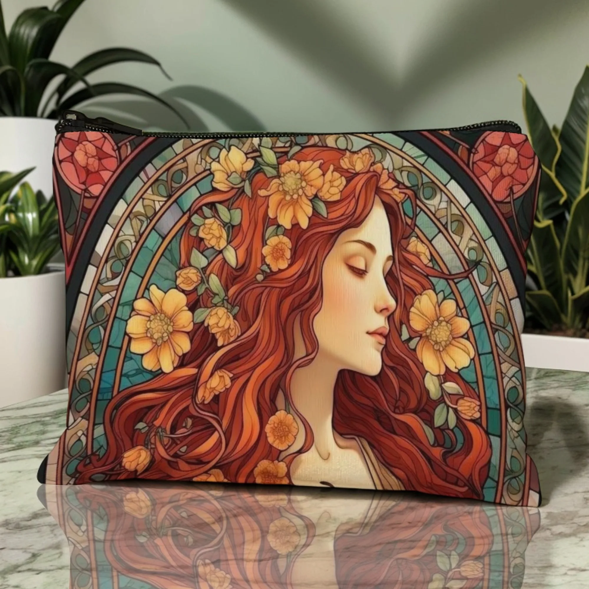 Zipper Cosmetic Pouch Mucha-Inspired Red-Haired Woman & Yellow Flowers Stained Glass Decorative Vibe Canvas Pocket Party Looks