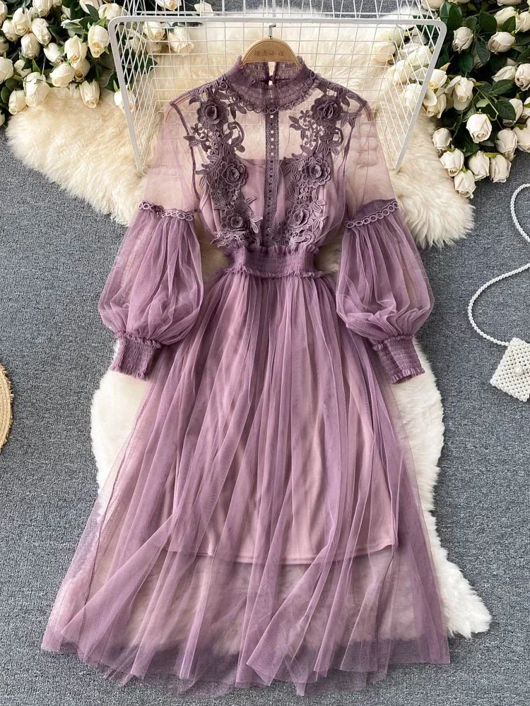 Gagarich Ladies Dress Three Dimensional Flower Hook Mesh Temperament Stand Collar Lantern Sleeve High Waist Slim Female Dresses