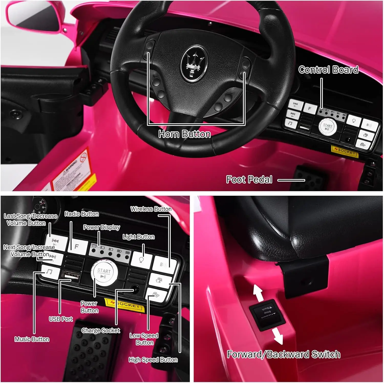 Samochód do jazdy, różowy licencjonowany elektryczny samochód Maserati Gbili 12 V zasilany akumulatorem z pilotem dla rodziców i trybami ręcznymi, klakson, światło