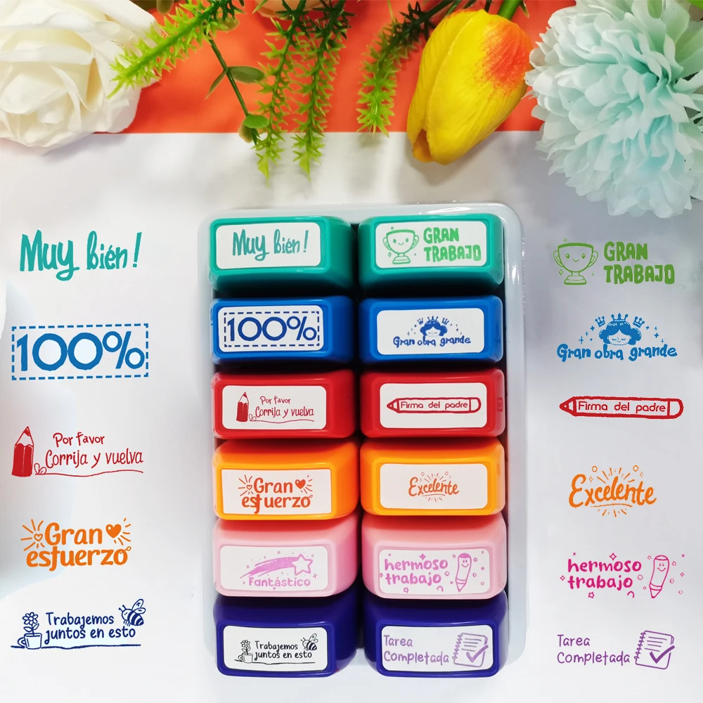 12 colorful Spanish stamps Teacher incentive Grade stamps elementary School signature homework prizes Teacher gifts image 2