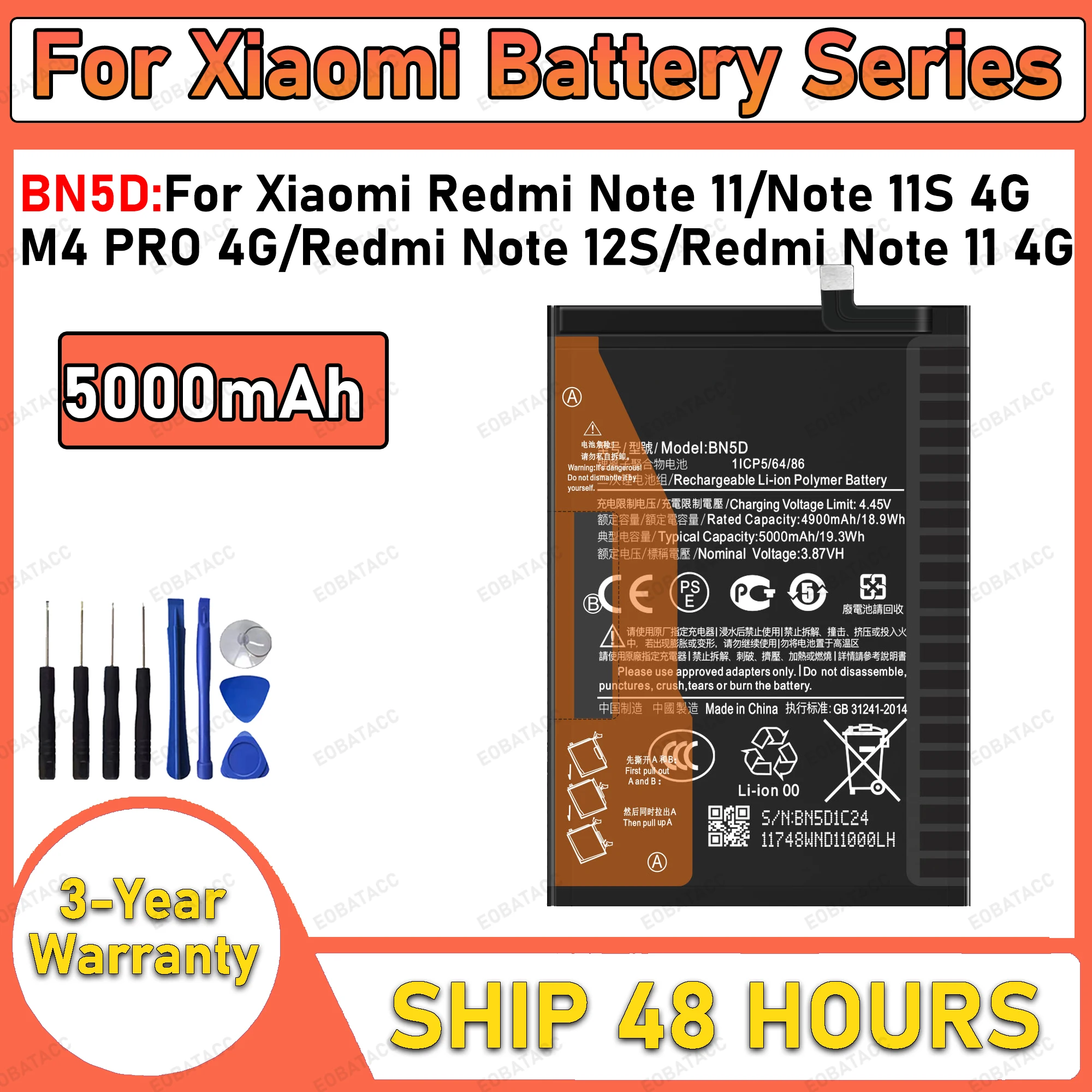 5000mAh 100% New BN5D Battery For Xiaomi Redmi Note 11/Note 11S 4G Replacement Bateria+Free Tools