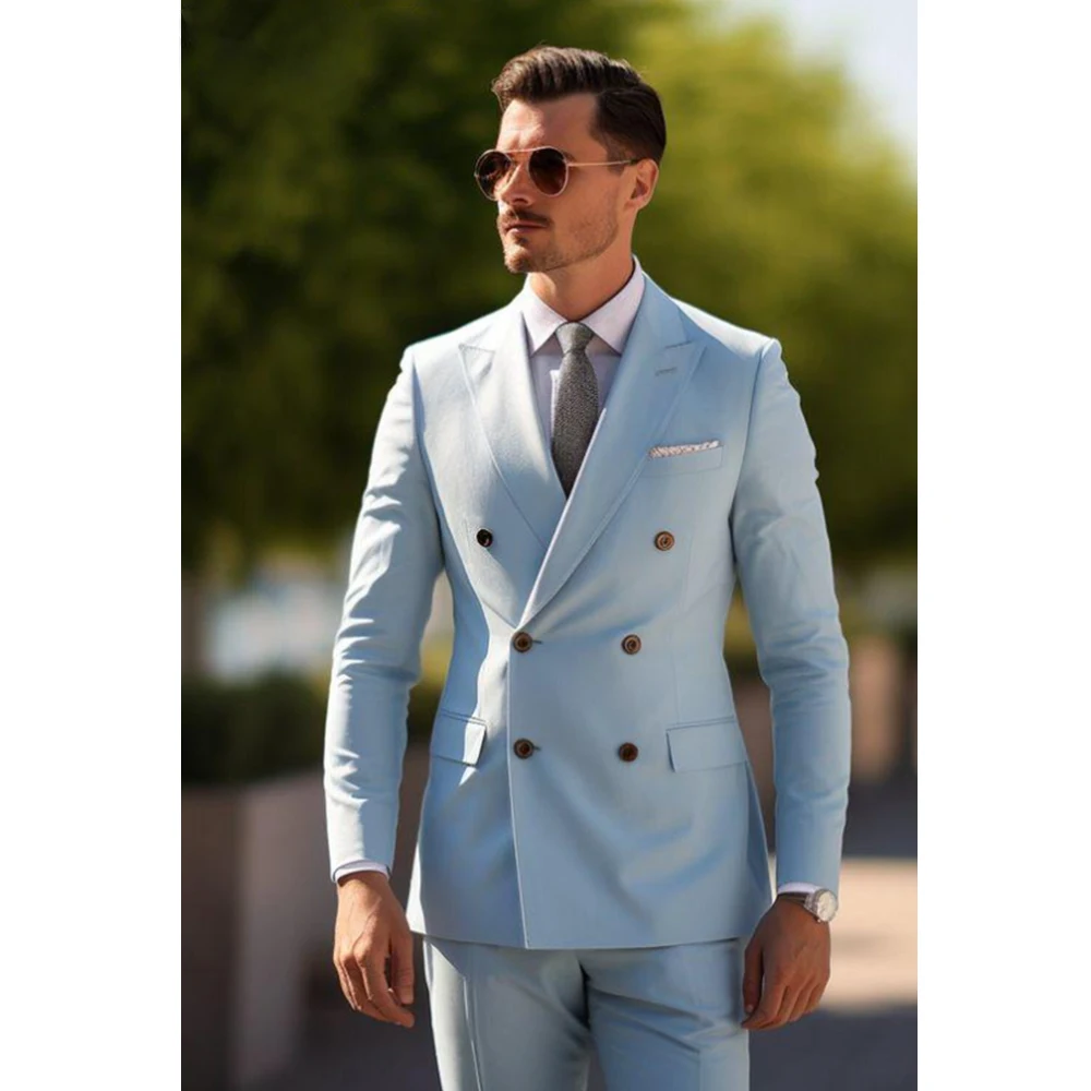 

Summer Sky Blue Men Suits Two Piece Fashion Peak Lapel Double Breasted Male Suit Slim Elegant Wedding Tuxedo (Blazer+Pants)