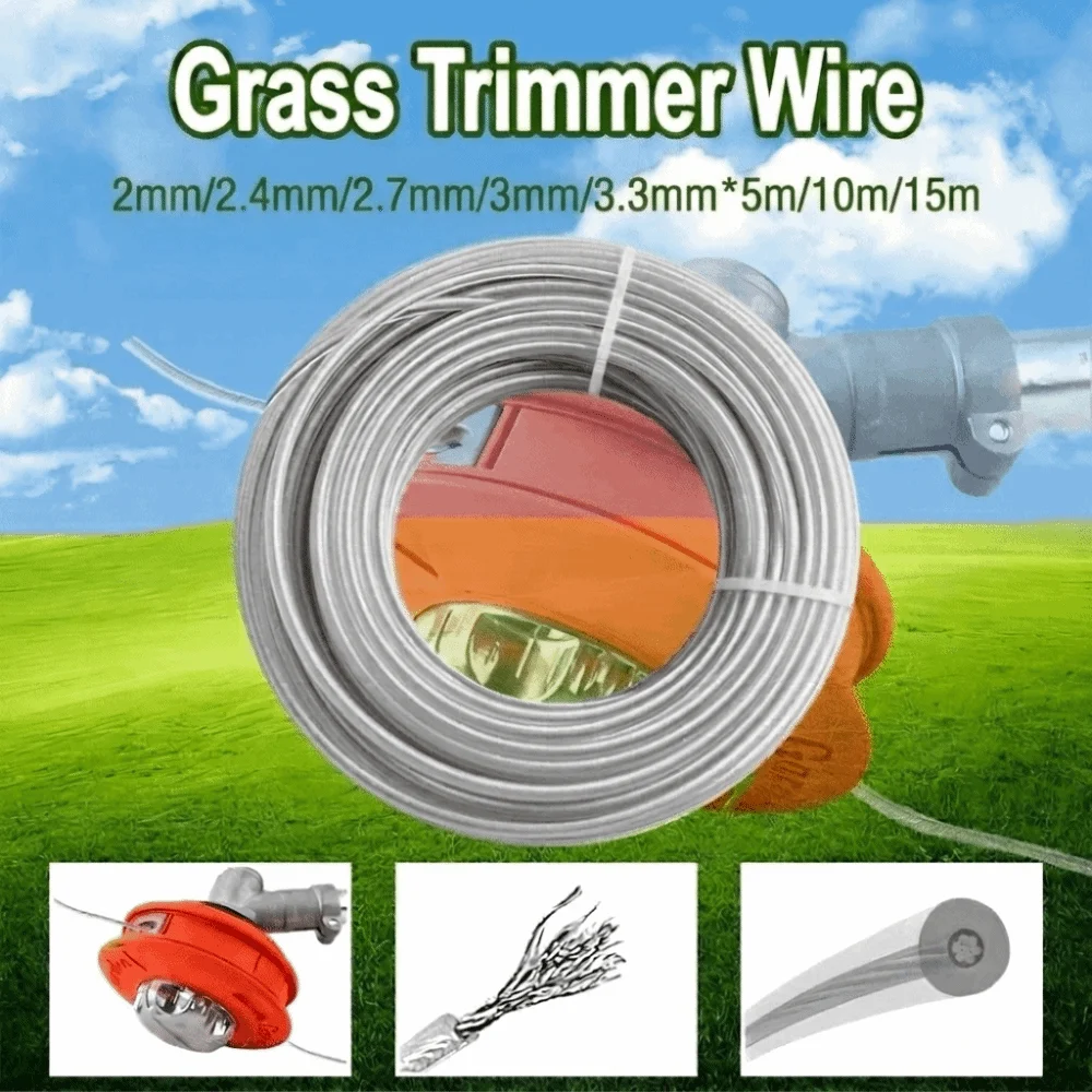 5m/10m/15m*2mm/2.4mm/2.7mm/3mm/3.3mm Grass Trimmer Line Round Shape Nylon and Steel Wire Trimmer Cord Coiled Roll