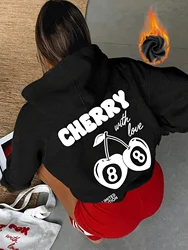 Cherry and letter printed women's hoodie - casual long sleeved pullover kangaroo pocket winter fashion sportswear