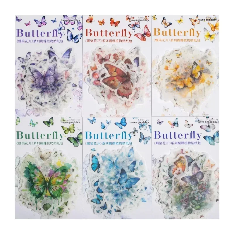 20Pcs Stickers Pack Butterfly Dyeing Flower Blooming Collage Handmade Material Supplies Writing handbook Scrapbook 132*75mm