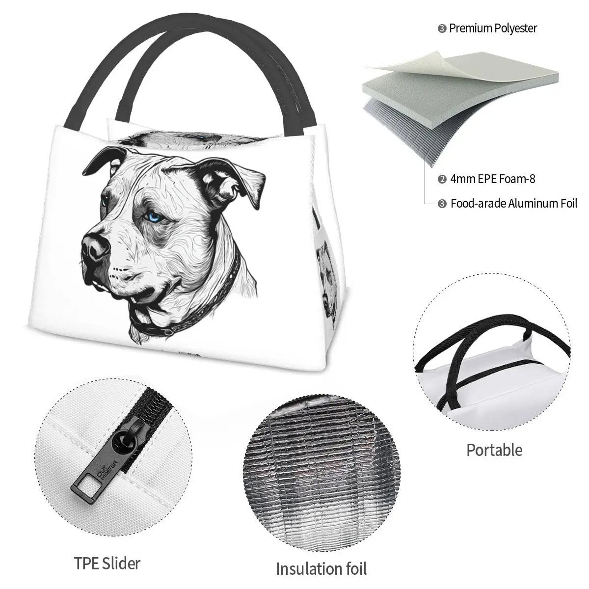 Minimalist Line Pitbull With Blue Eyes Lightweight Handheld Insulated Lunch Bag Aluminum Foil Liner for Adults Students Picnic