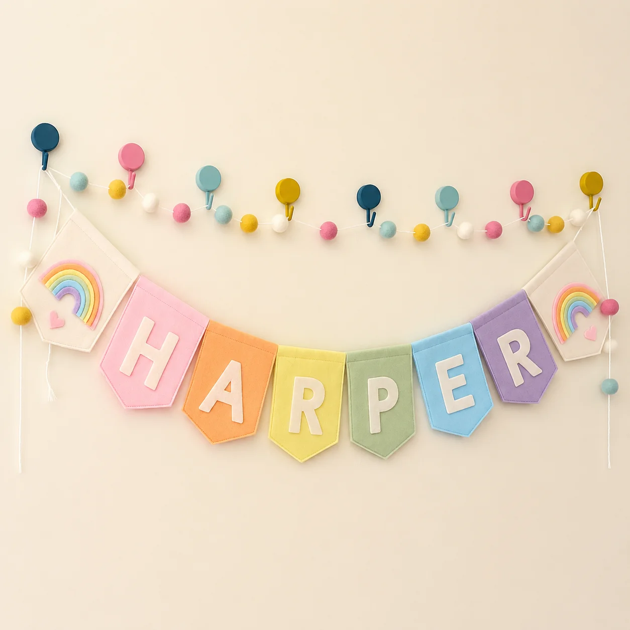 Pastel rainbow Name Bunting, Personalised Nursery garland, Felt Playroom Banner, Custom Name Party Decor