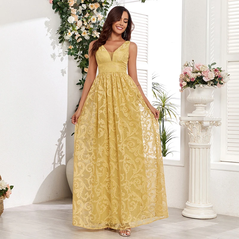 Women Summer 2025 Elegant Sleeveless V Neck Backless Yellow Lace High Waist Prom Cocktail Evening Party Long Maxi dresses