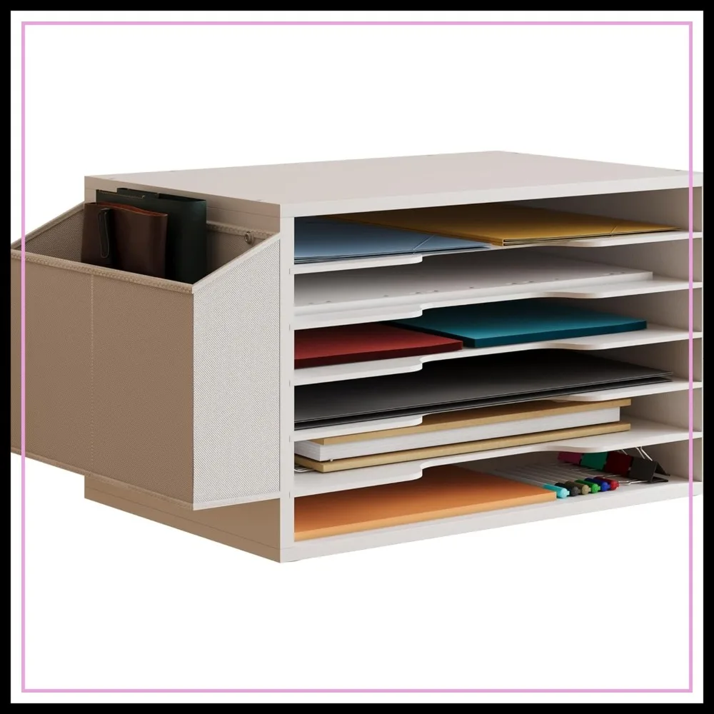 

Large 6-Tier Wooden File Sorter, Adjustable Literature Organizer with Side Pocket for Office Classroom Home, White