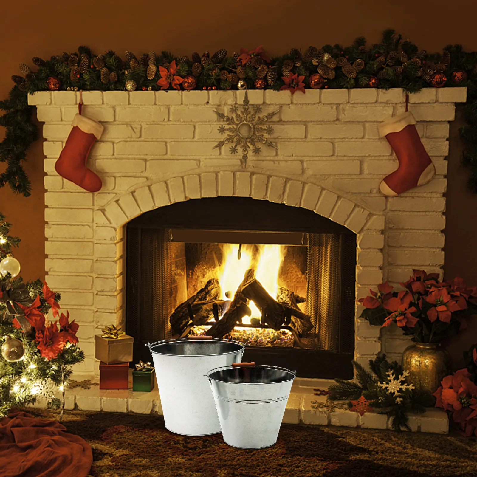 2Pcs Iron Ash Buckets Fireplace Storage Buckets Heavy Duty Metal Containers for Wood Burning Stove Bbq Charcoal Holder
