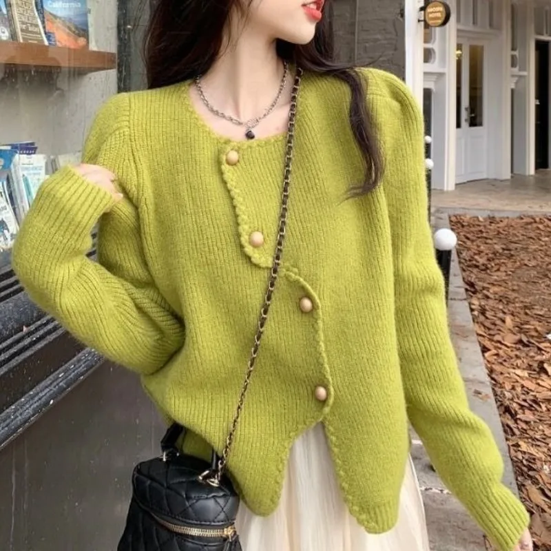 

Women's Cardigan Round Neck Short Sweater Autumn Winter New Korean Long Sleeve Striped Solid Color Irregular Knitted Button Tops