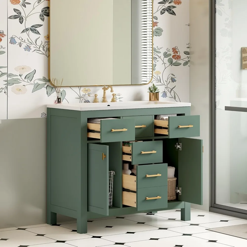 

Vanities with Sink Combo Set, Solid Wood Frame Bathroom Vanity Closing Doors, Freestanding Bathroom Cabinet