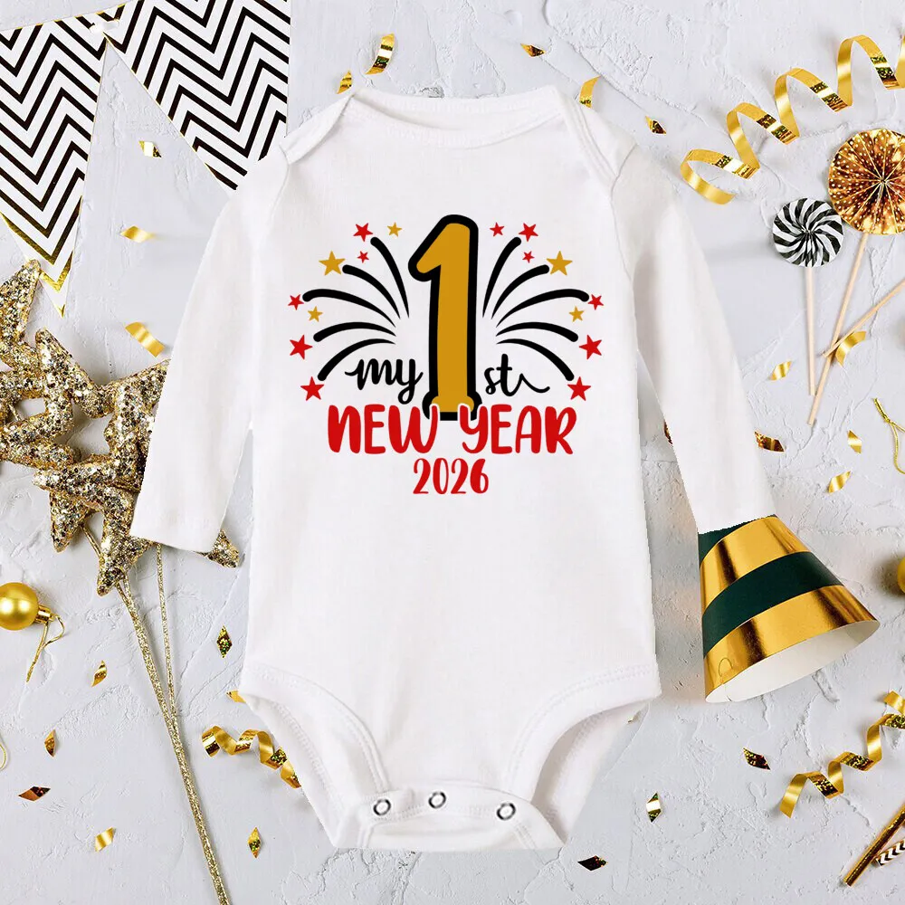 بلدي 1st السنة الجديدة الوليد الطفل رومبير مرحبا 2026 السنة الجديدة الأبيض طويلة الأكمام طفل Playsuits السروال القصير صبي فتاة الملابس