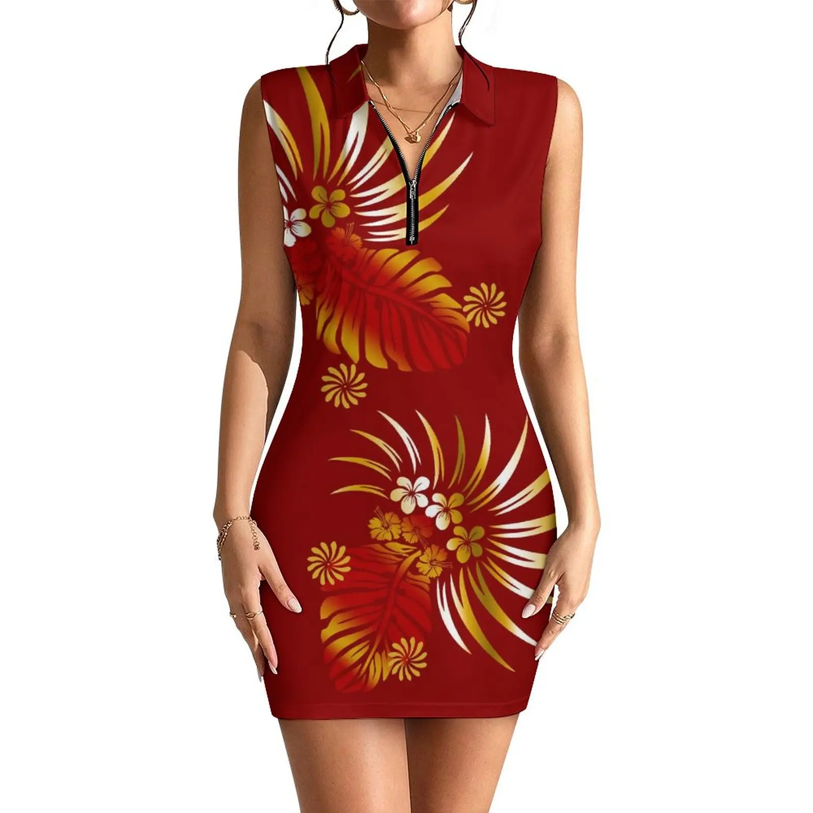 Fashionable Women'S V-Neck Dress Shopping Tight Wrap Hip Skirt Hawaiian Hibiscus Flower Polynesian Custom Pattern