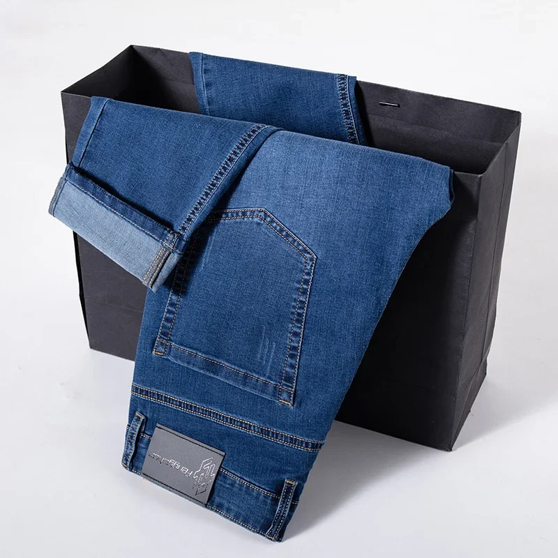 Fashion Sky Blue Comfortable Denim Business Casual High Waist Pants 2026 New Brand Thin Material Men's Elastic Cotton Jeans